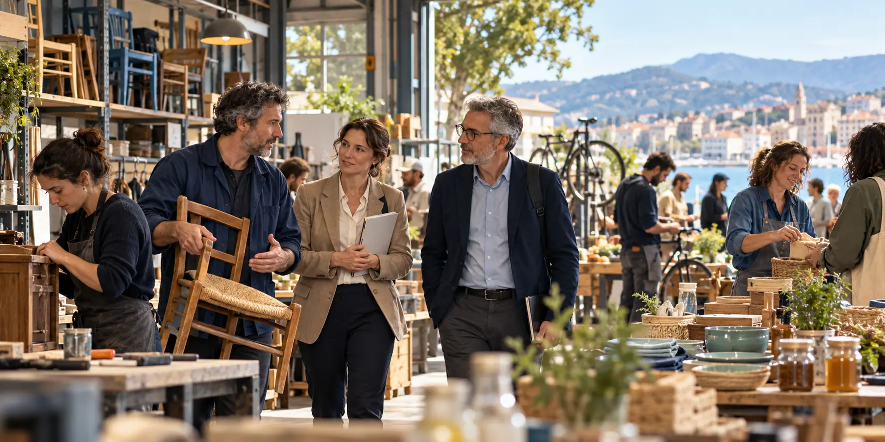 Professionnels visitent une coopérative locale de réparation et de réemploi.