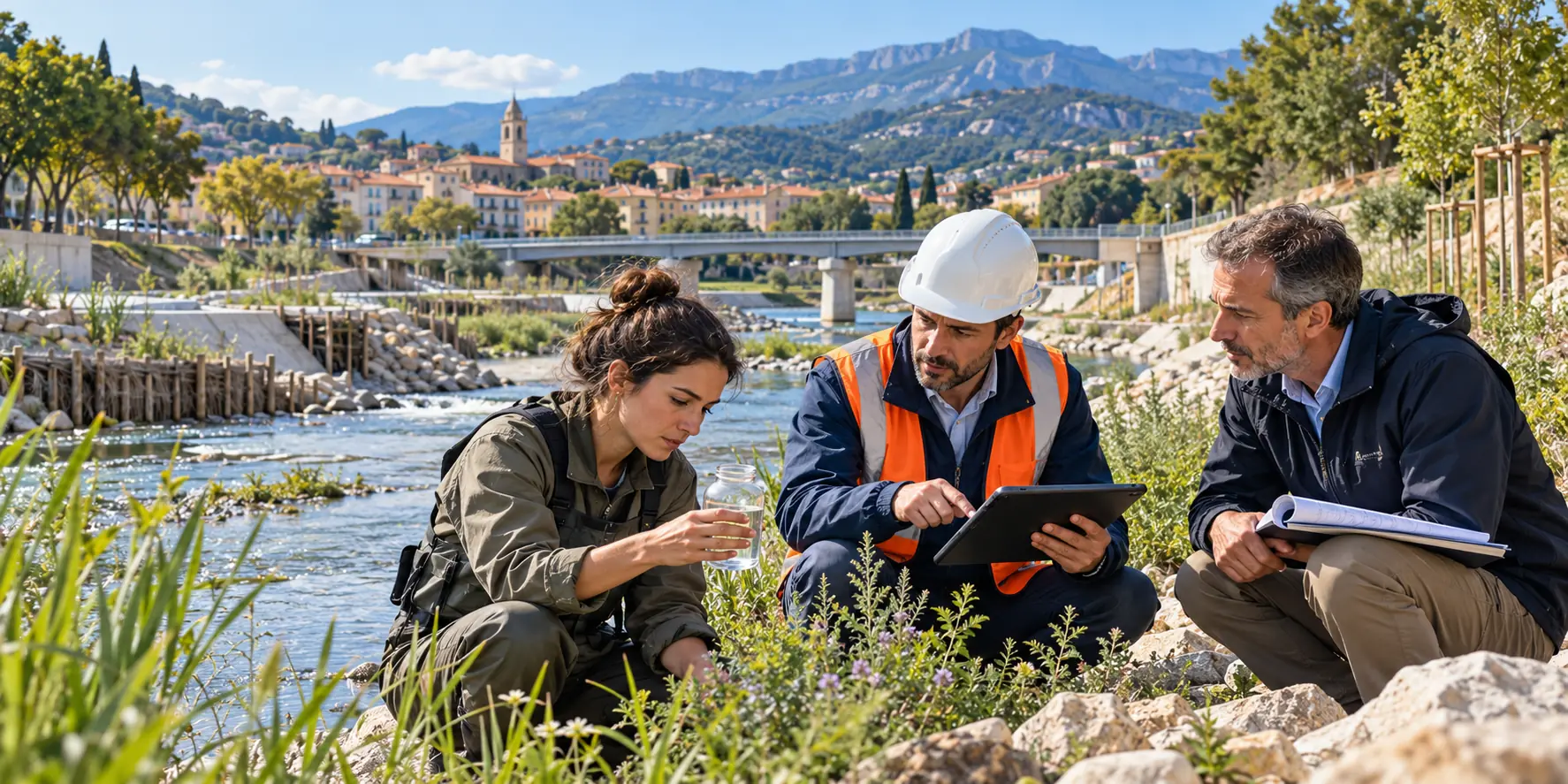 Scientifique et agents territoriaux inspectent le lit d’une rivière méditerranéenne.