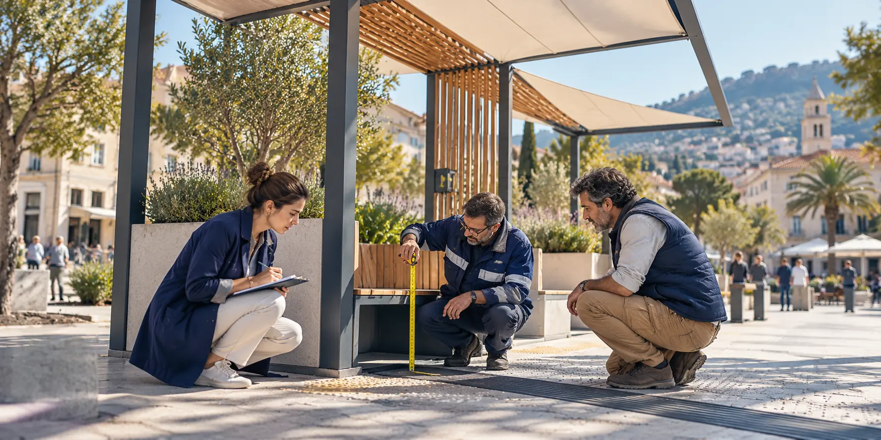 Équipe teste l’installation d’un abri modulaire dans un espace public.