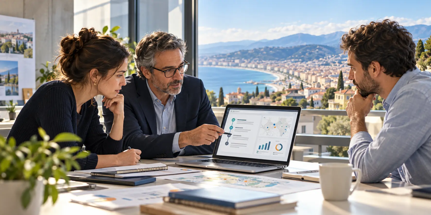 Équipe analyse le parcours d’un service numérique sur ordinateur dans un bureau public.