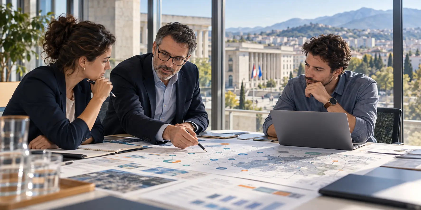 Équipe de professionnels étudie un plan de continuité autour d’une table.
