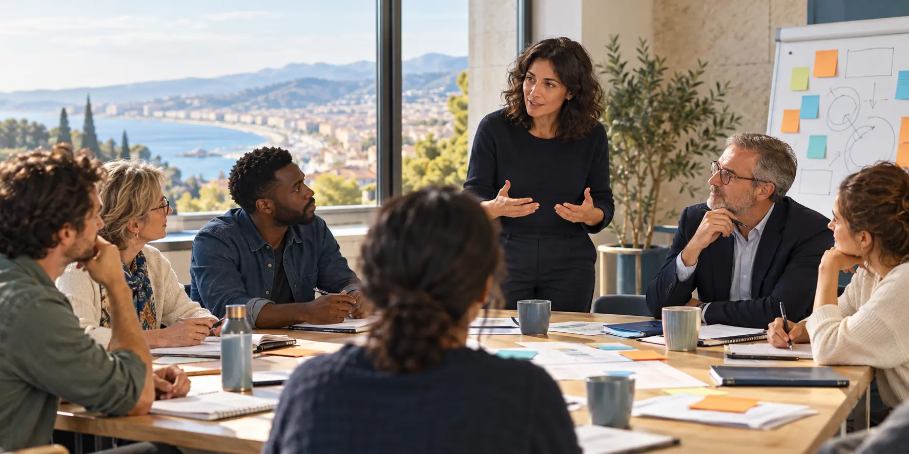 Atelier de formation professionnelle où trois personnes travaillent sur un équipement technique.