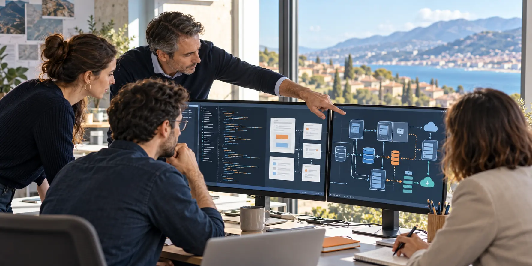 Équipe informatique examine une architecture logicielle sur de grands écrans.